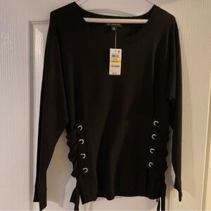 INC International Concepts Black Lace-Up Long Sleeve Top